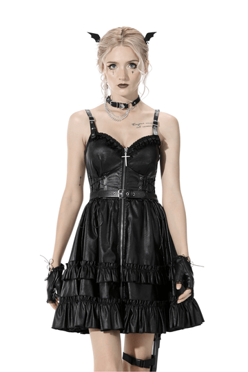 Chic Leather Dress with Ruffled Layers and Belt